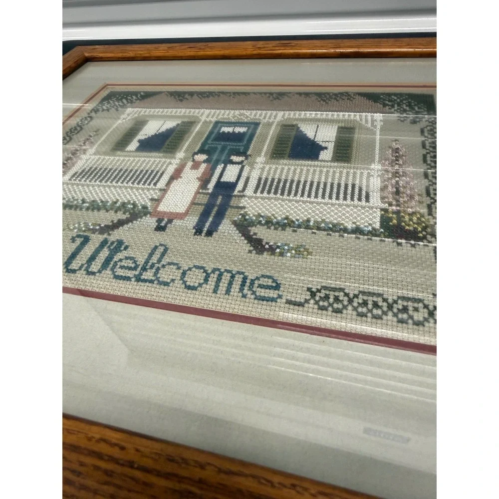 Vintage Amish Folk Art Framed Cross Stitch Set Welcome & The Auction Quilt Theme